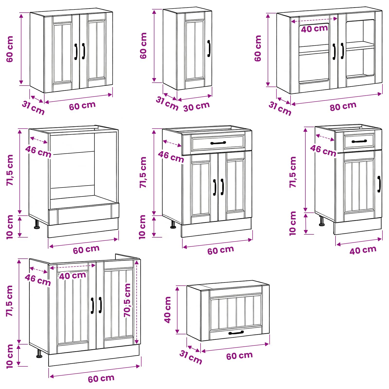 8 Piece Kitchen Cabinet Set "Kalmar" Engineered Wood size guide