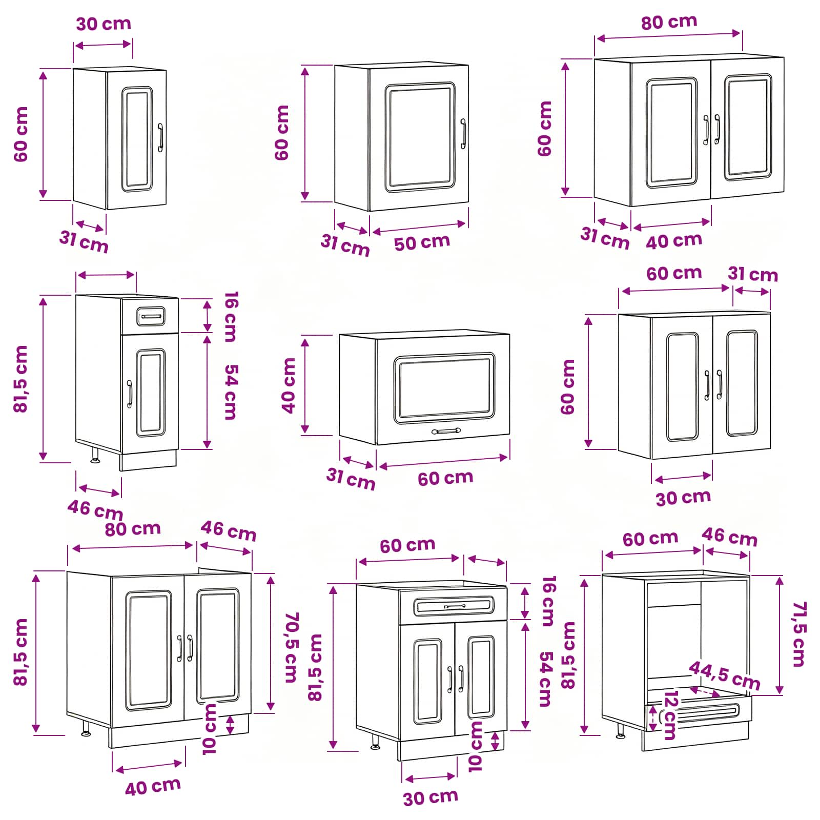 14 Piece Kitchen Cabinet Set "Kalmar" Engineered Wood size guide