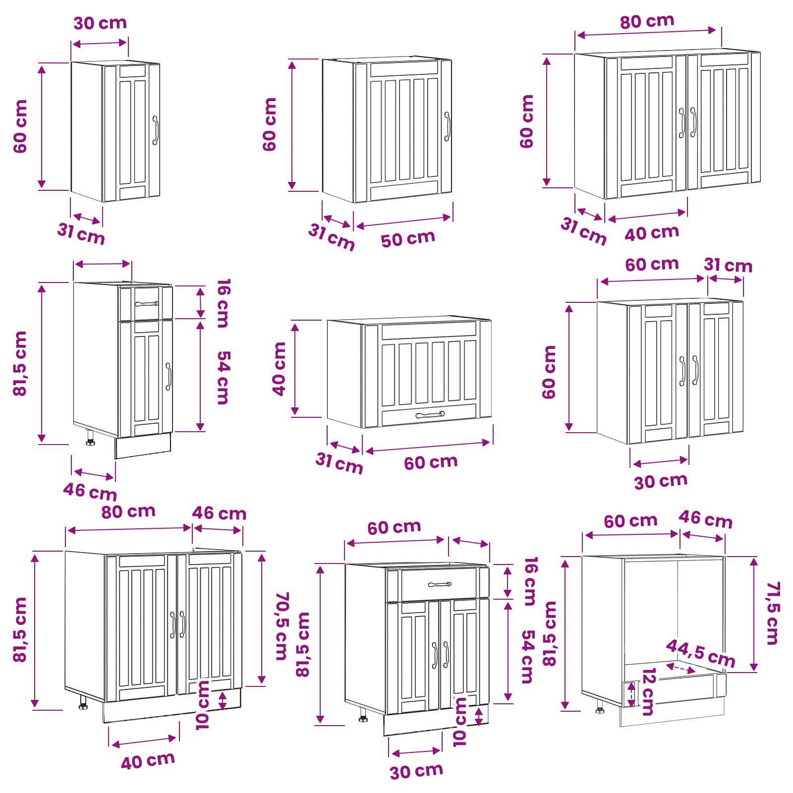 14 Piece Kitchen Cabinet Set "Lucca" Engineered Wood size guide