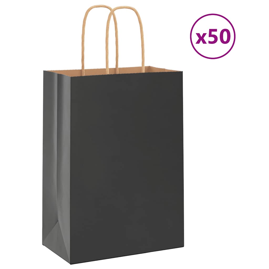 vidaXL Pungi de hârtie 50 buc cu mânere negre 15x8x21 cm