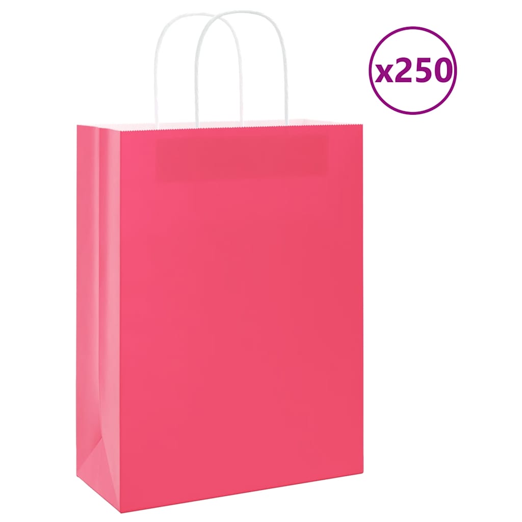 vidaXL Pungi de hârtie 250 buc cu mânere roz 26x12x35 cm