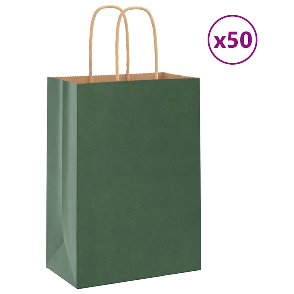 vidaXL Pungi de hârtie 50 buc cu mânere verde 15x8x21 cm