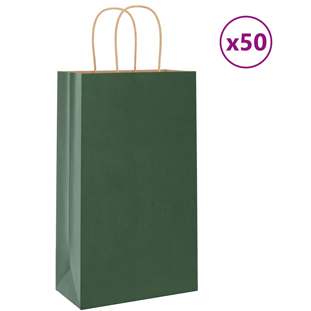 vidaXL Pungi de hârtie 50 buc cu mânere verde 21x11x36 cm