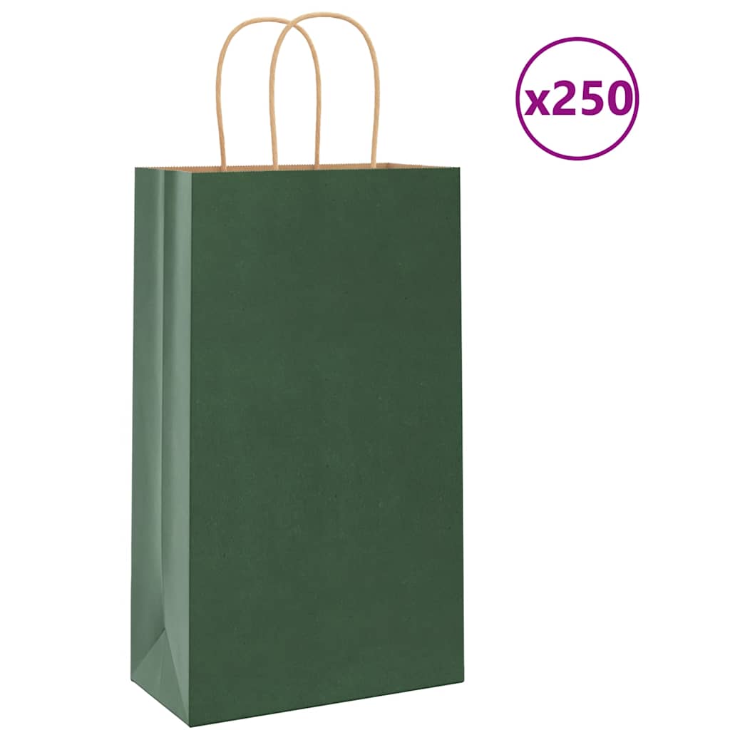 vidaXL Pungi de hârtie 250 buc cu mânere verde 21x11x36 cm