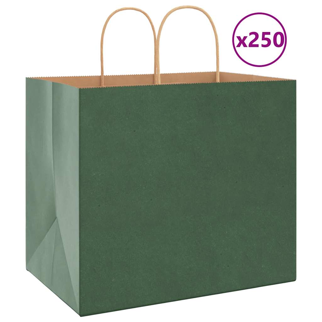 vidaXL Pungi de hârtie 250 buc cu mânere verde 32x22x28 cm