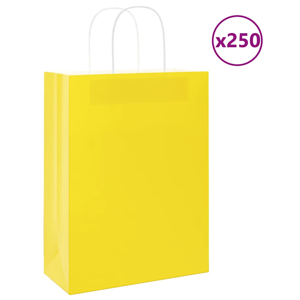 vidaXL Pungi de hârtie 250 buc cu mânere galbene 26x12x35 cm