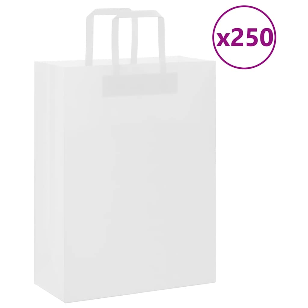 vidaXL Pungi de hârtie 250 buc cu mânere albe 26x12x35 cm