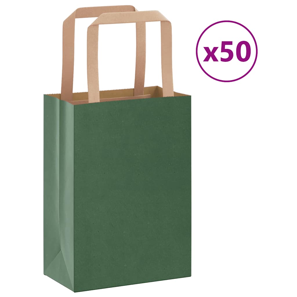 vidaXL Pungi de hârtie 50 buc cu mânere verde 15x8x21 cm