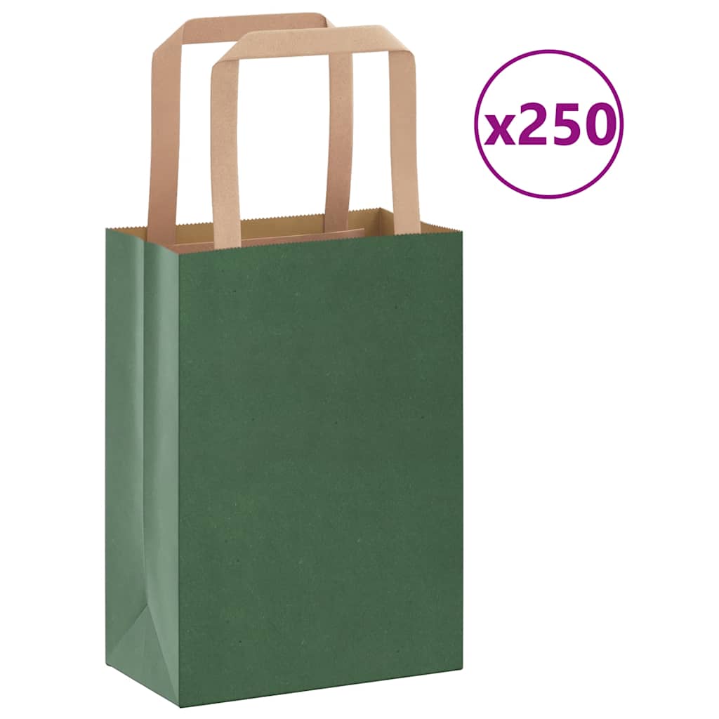 vidaXL Pungi de hârtie 250 buc cu mânere verde 15x8x21 cm