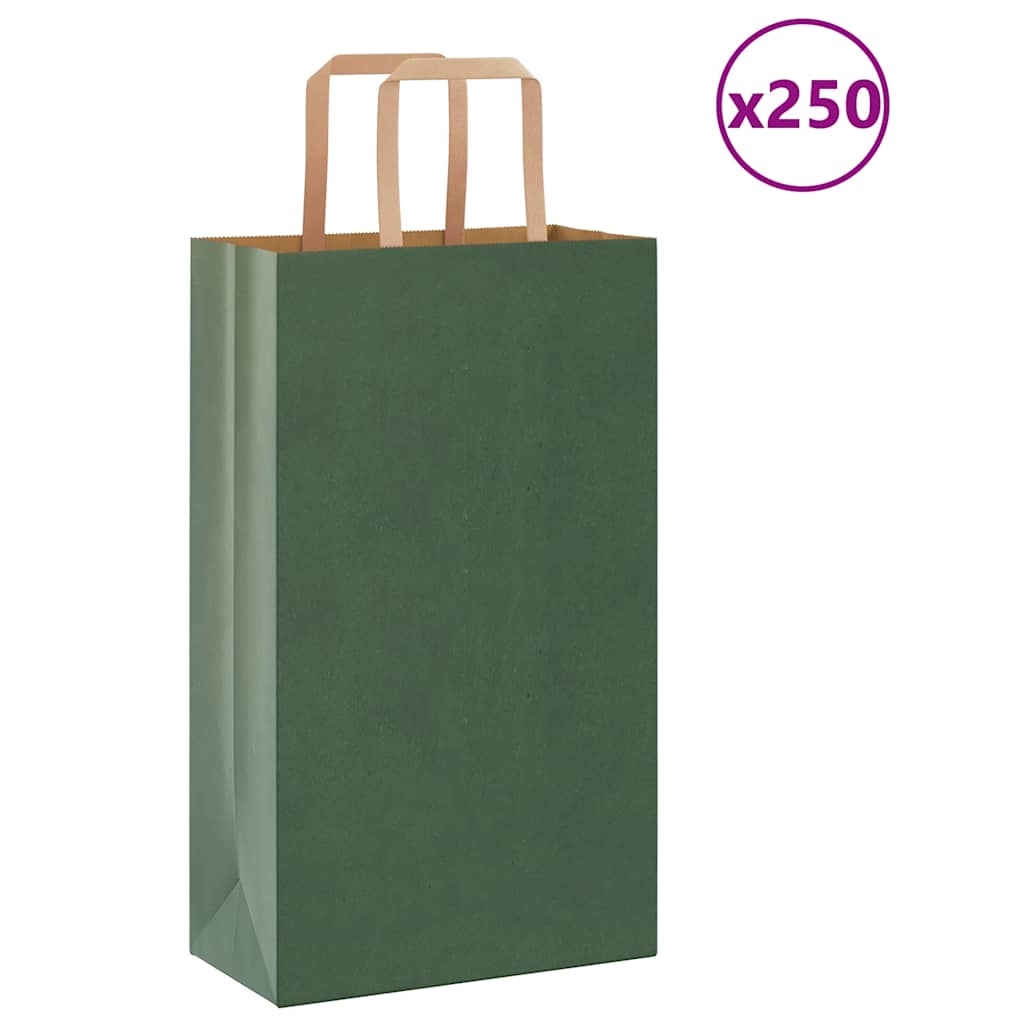 vidaXL Pungi de hârtie 250 buc cu mânere verde 21x11x36 cm