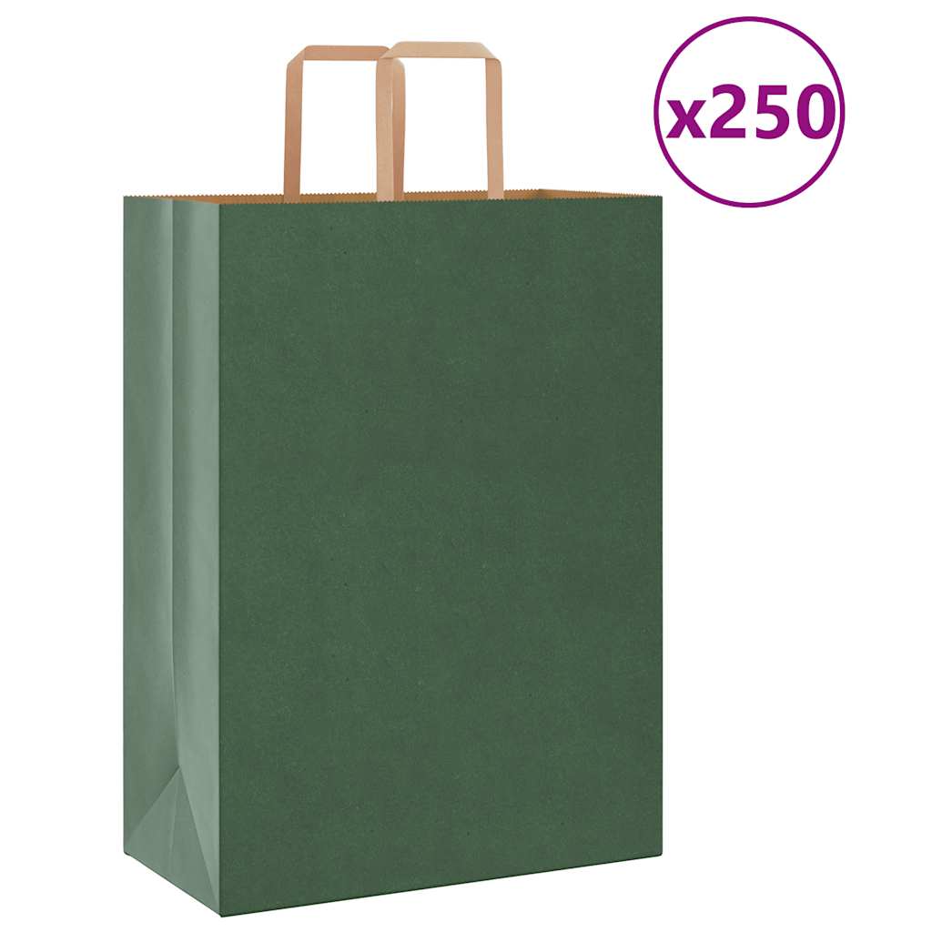 vidaXL Pungi de hârtie 250 buc cu mânere verde 32x17x44 cm