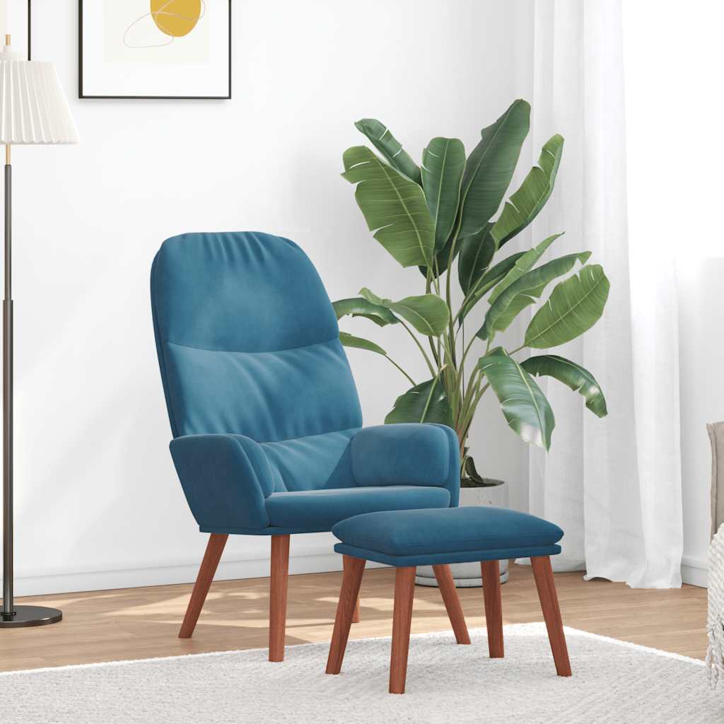 vidaXL Scaun de relaxare cu taburet, albastru, catifea