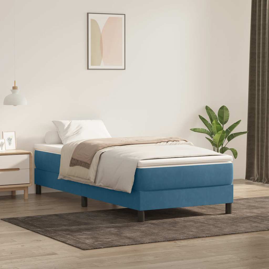 vidaXL Pat box spring cu saltea, albastru închis, 90x210 cm, catifea