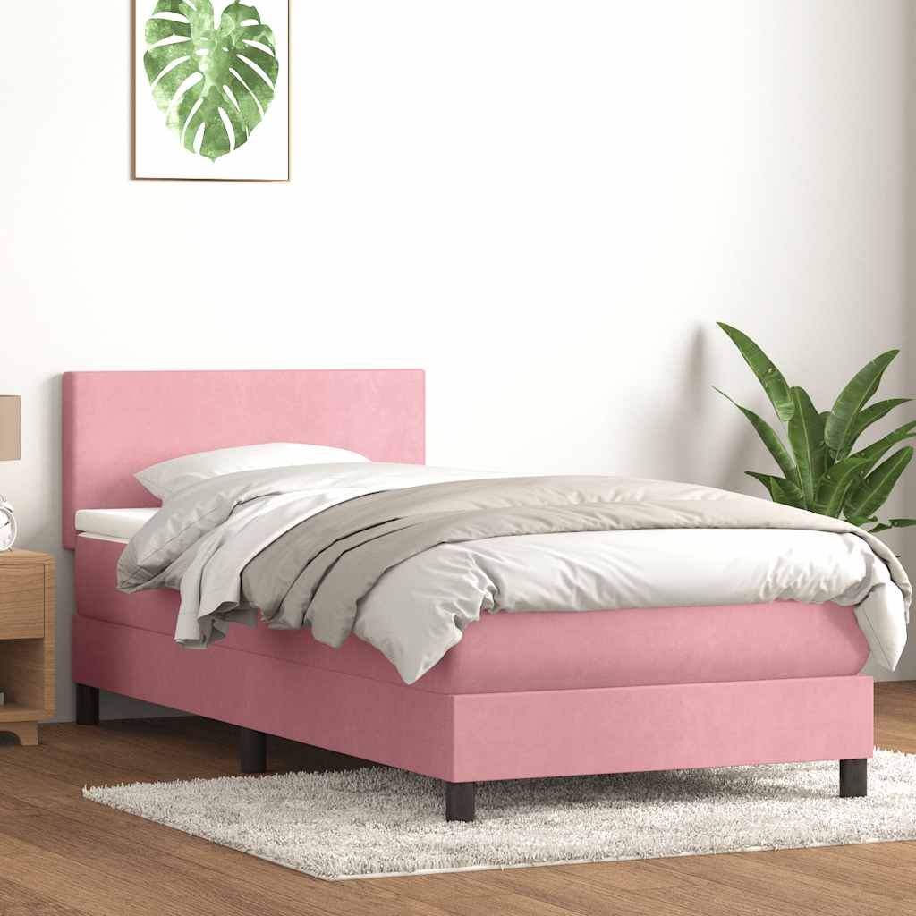 vidaXL Pat box spring cu saltea, roz, 100x210 cm, catifea