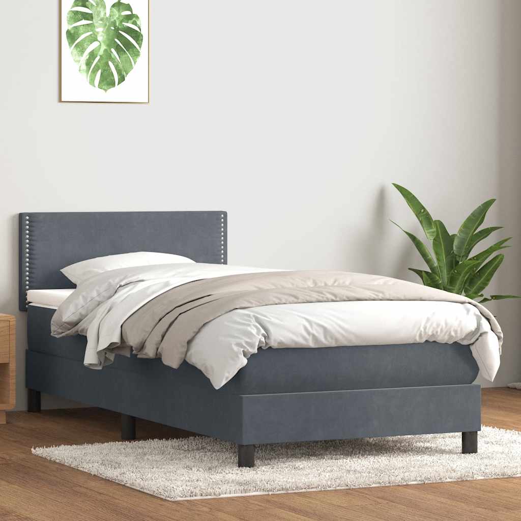 vidaXL Pat box spring cu saltea, gri închis, 90x210 cm, catifea