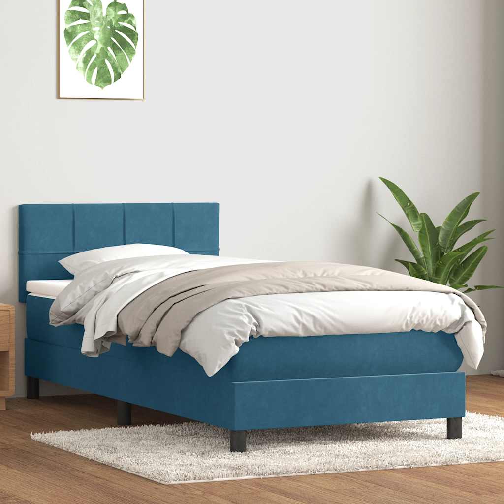 vidaXL Pat box spring cu saltea, albastru închis, 100x210 cm, catifea