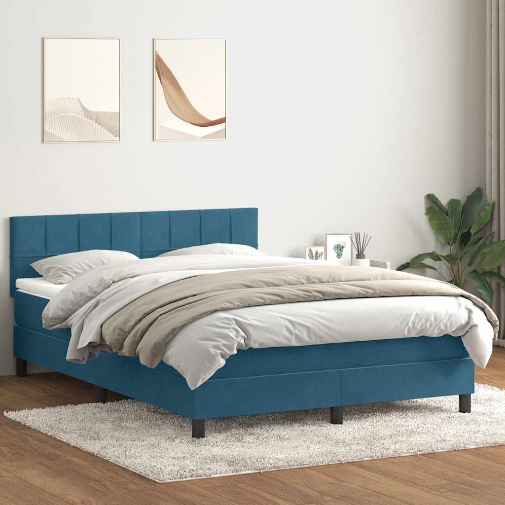 vidaXL Pat box spring cu saltea, albastru închis, 140x220 cm, catifea