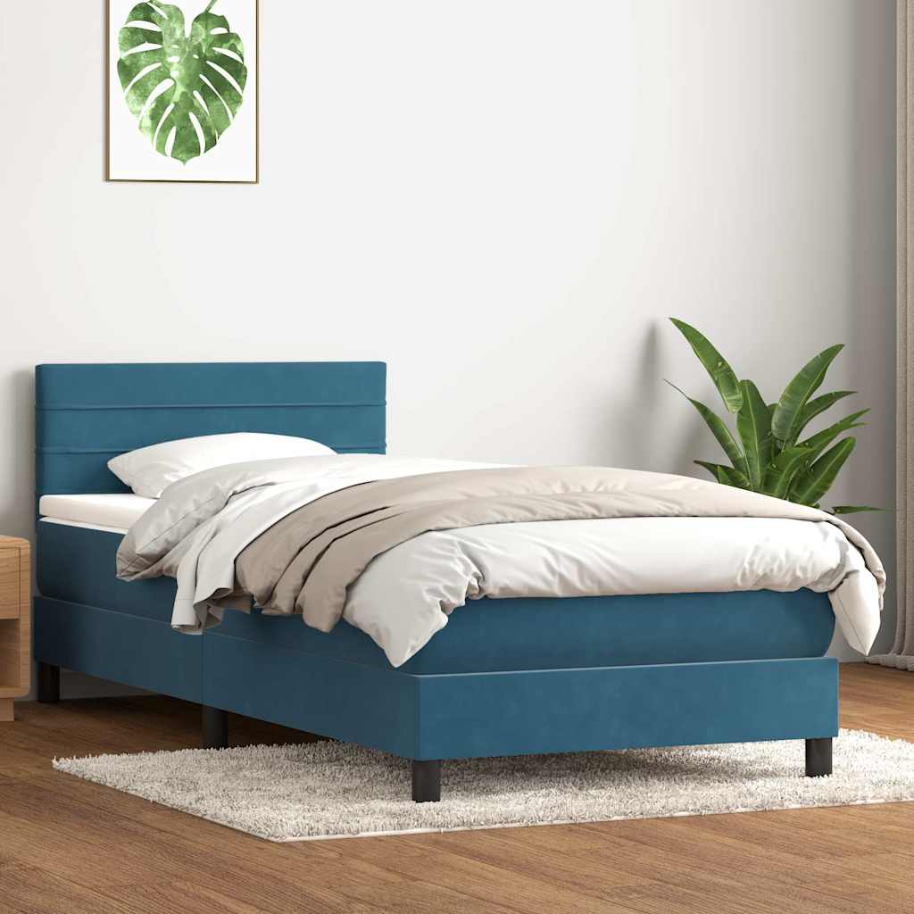 vidaXL Pat box spring cu saltea, albastru închis, 90x210 cm, catifea