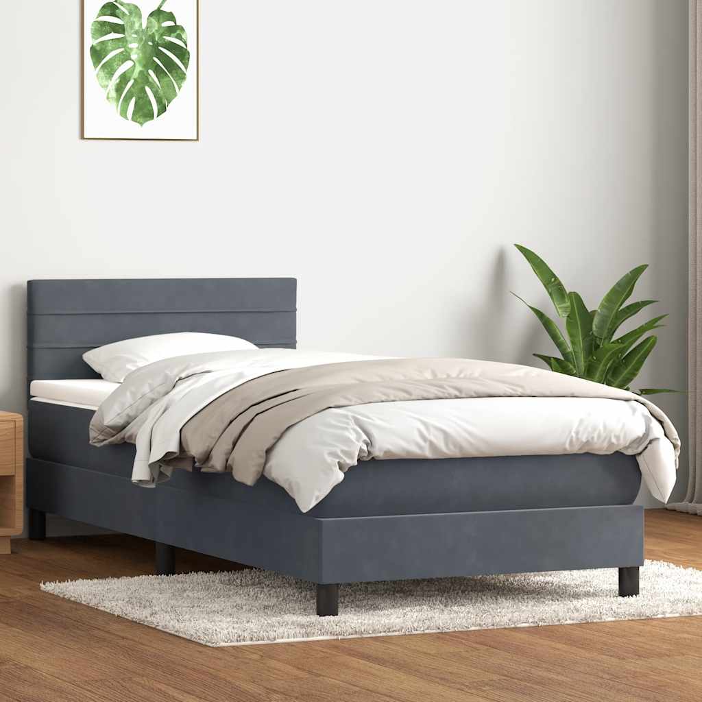 vidaXL Pat box spring cu saltea, gri închis, 90x220 cm, catifea