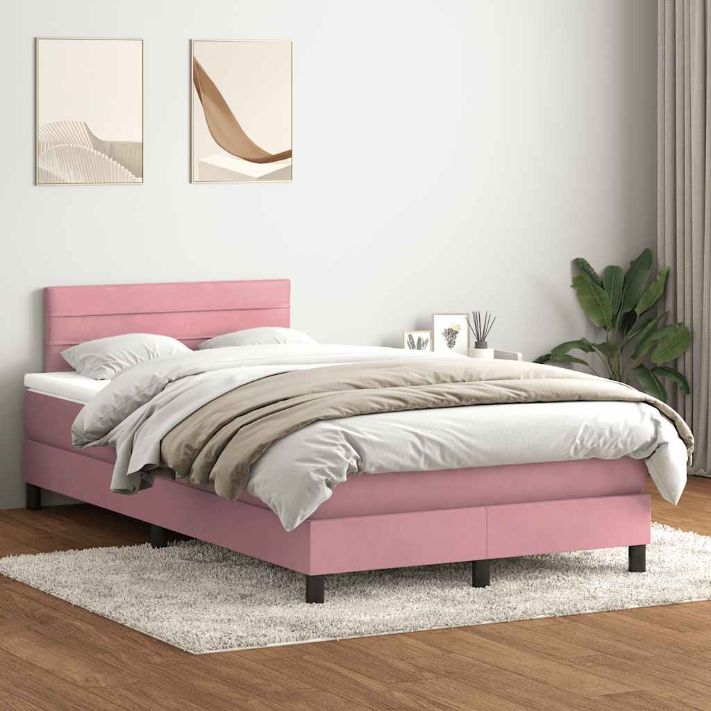 vidaXL Pat box spring cu saltea, roz, 120x220 cm, catifea