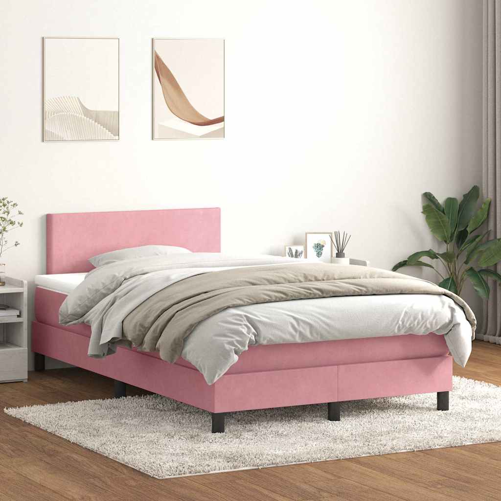 vidaXL Pat box spring cu saltea, roz, 120x210 cm, catifea