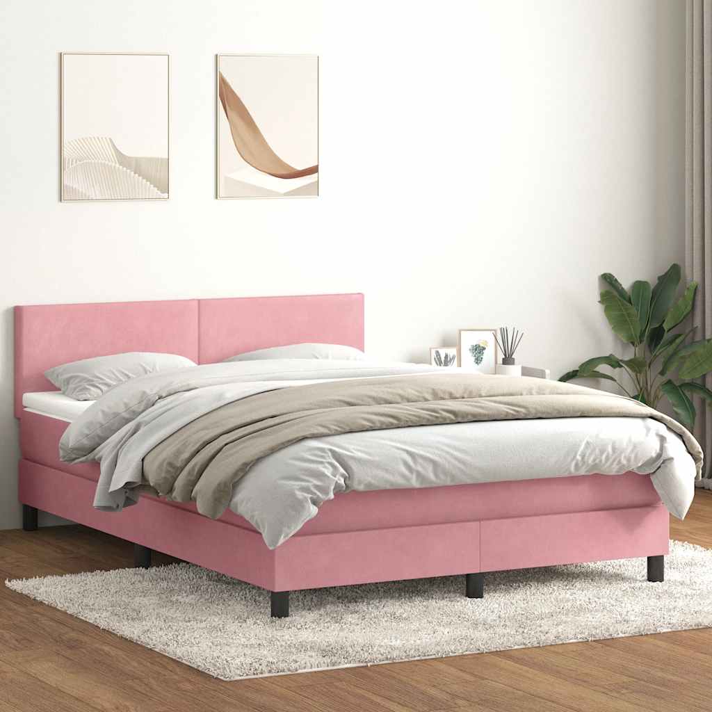 vidaXL Pat box spring cu saltea, roz, 140x210 cm, catifea