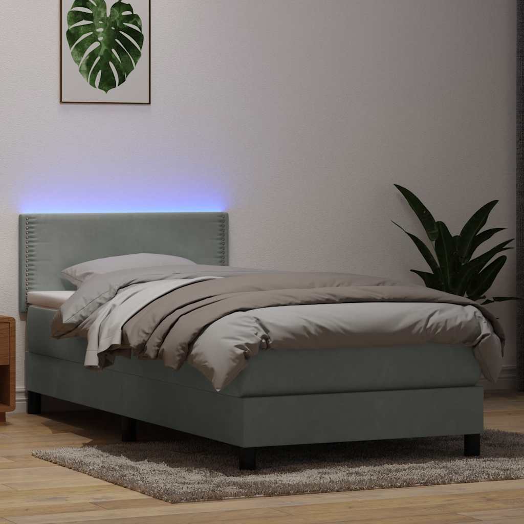 vidaXL Pat cu arcuri cu saltea și LED, gri deschis, 90x220 cm, catifea