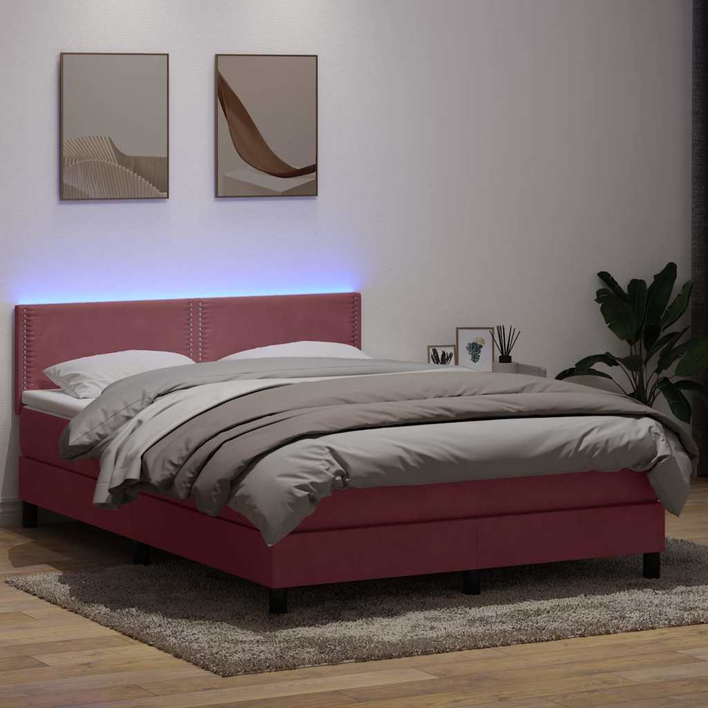vidaXL Pat cu arcuri cu saltea și LED, roz, 160x220 cm, catifea