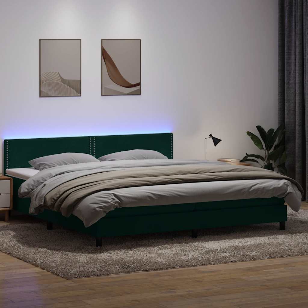 vidaXL Pat cu arcuri cu saltea și LED, verde închis, 180x220 cm, catifea