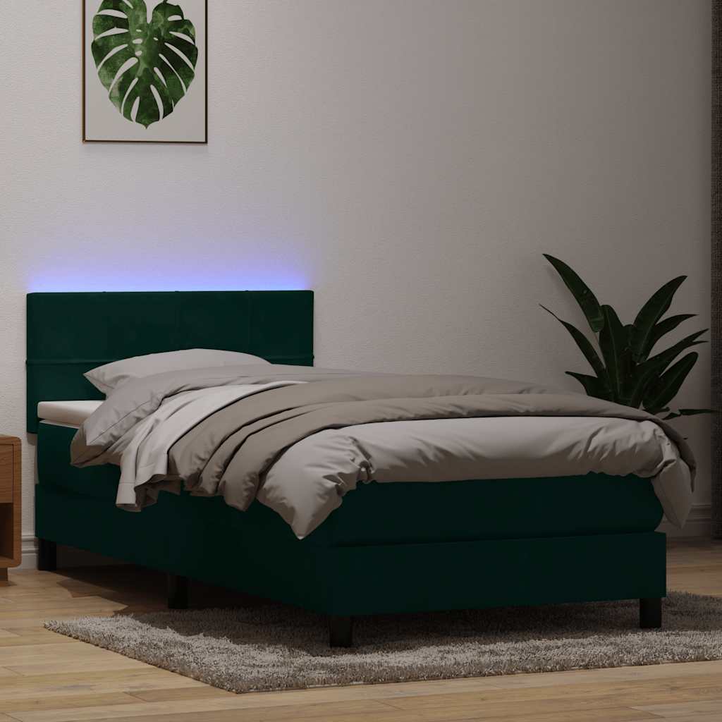 vidaXL Boxspringbett mit Matratze & LED Dunkelgrün 90x210 cm Samt