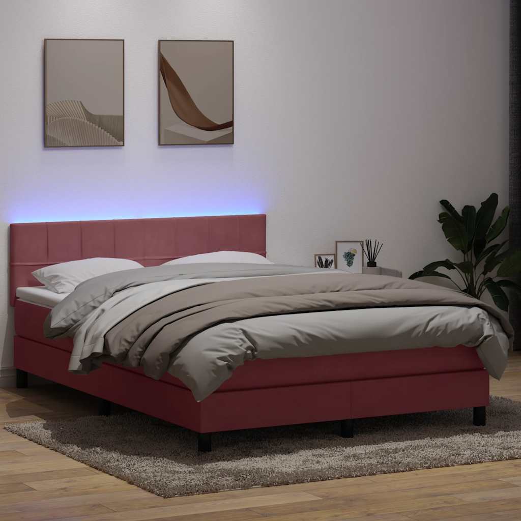 vidaXL Pat cu arcuri cu saltea și LED, roz, 140x210 cm, catifea