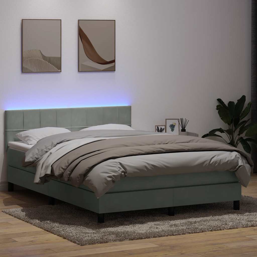 vidaXL Pat cu arcuri cu saltea și LED, gri deschis, 160x210 cm, catifea