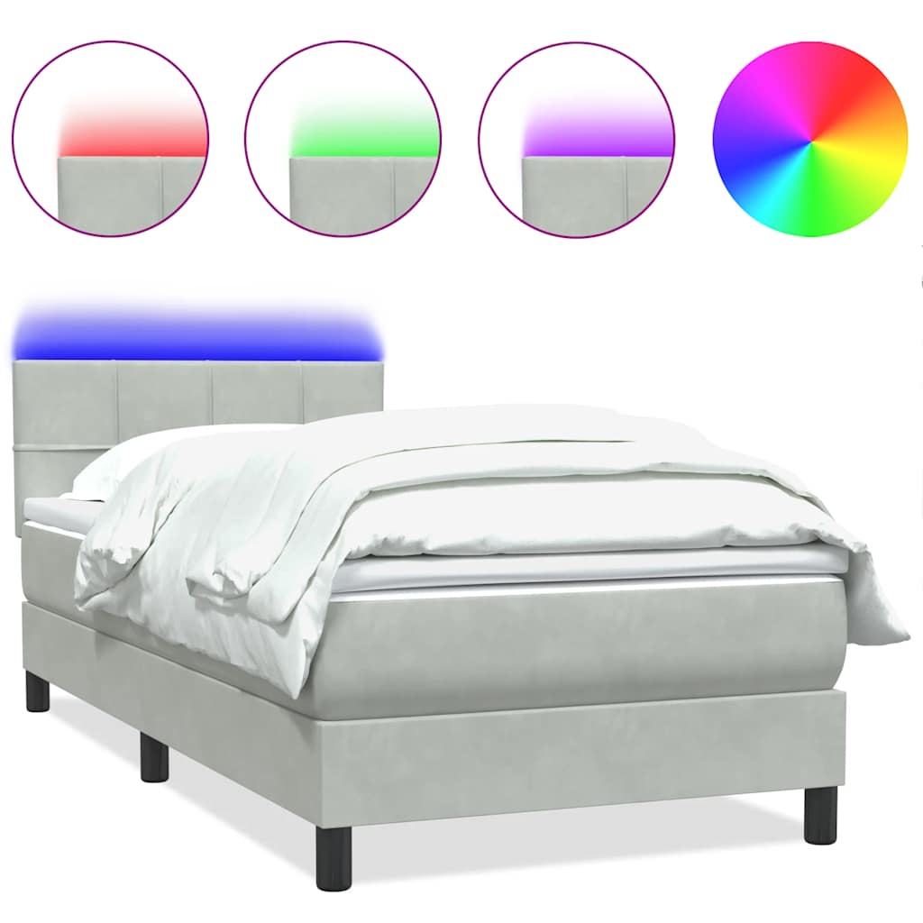vidaXL Box spring postel s matrací a LED Světle šedá 90x220 cm Samet