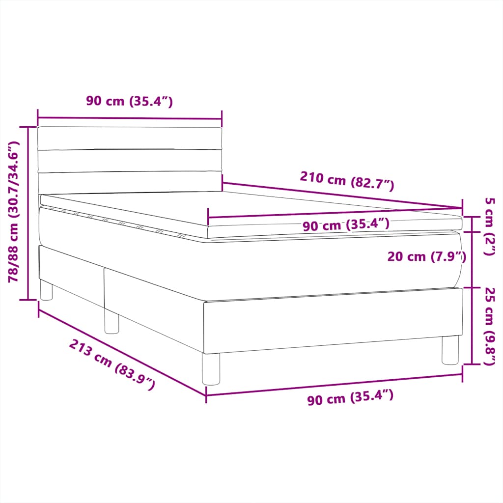 Box spring postel s matrací a LED světle šedá 90x210 cm samet - obrázek 16