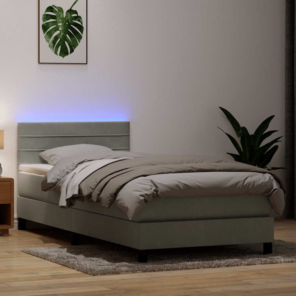 vidaXL Pat cu arcuri cu saltea și LED, gri deschis, 90x210 cm, catifea