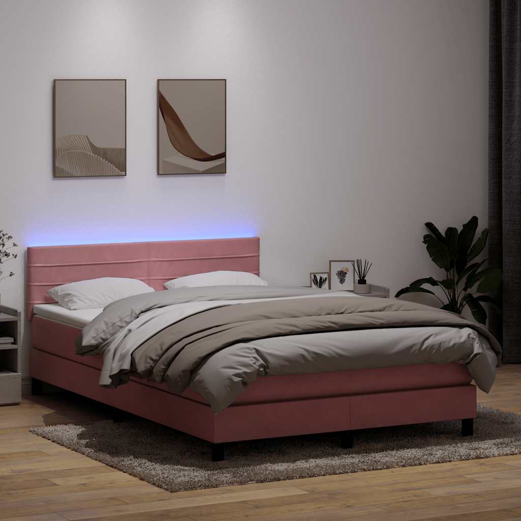 vidaXL Pat cu arcuri cu saltea și LED, roz, 140x210 cm, catifea