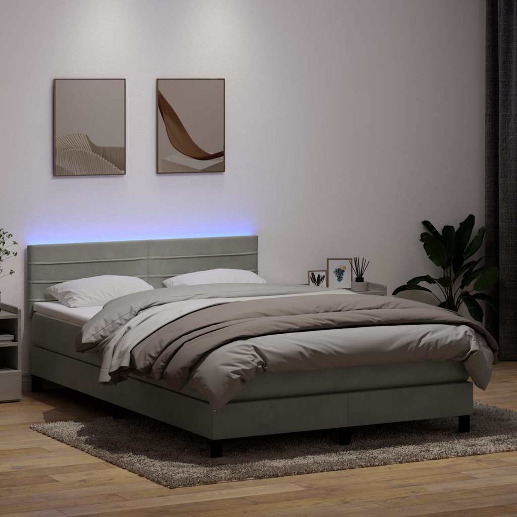 vidaXL Pat cu arcuri cu saltea și LED, gri deschis, 160x210 cm, catifea