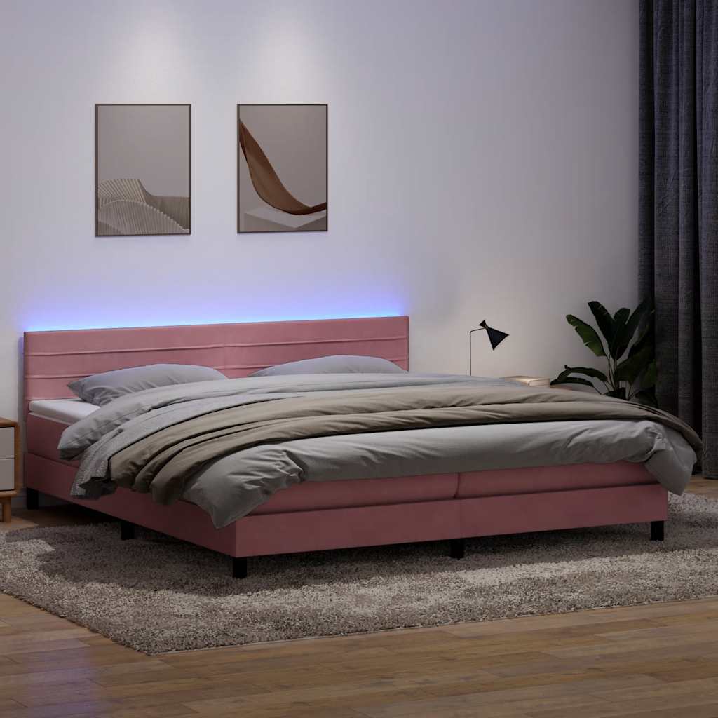 vidaXL Pat cu arcuri cu saltea și LED, roz, 180x210 cm, catifea