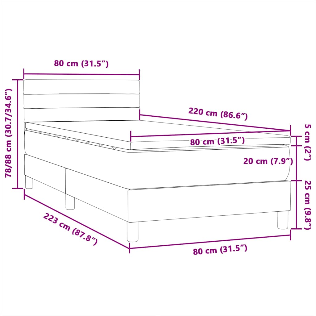 Box spring postel s matrací a LED světle šedá 80x220 cm samet - obrázek 16