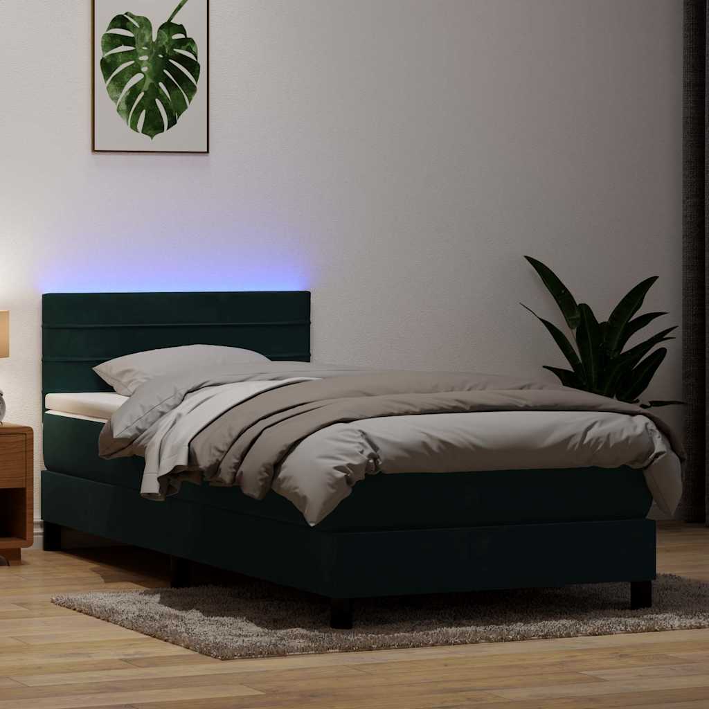 vidaXL Boxspringbett mit Matratze & LED Dunkelgrün 80x220 cm Samt