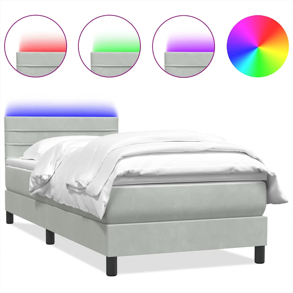 vidaXL Box spring postel s matrací a LED Světle šedá 90x220 cm Samet
