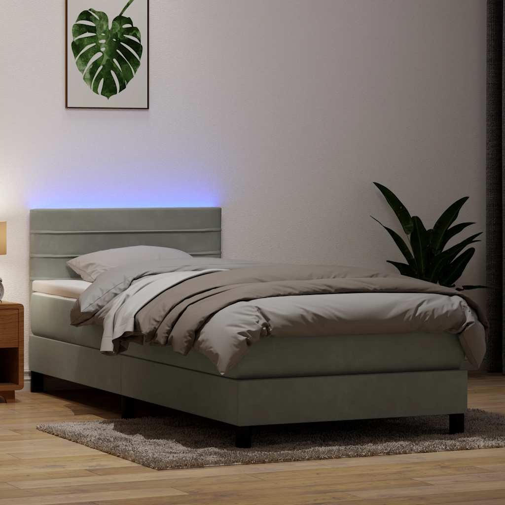 vidaXL Pat cu arcuri cu saltea și LED, gri deschis, 90x220 cm, catifea
