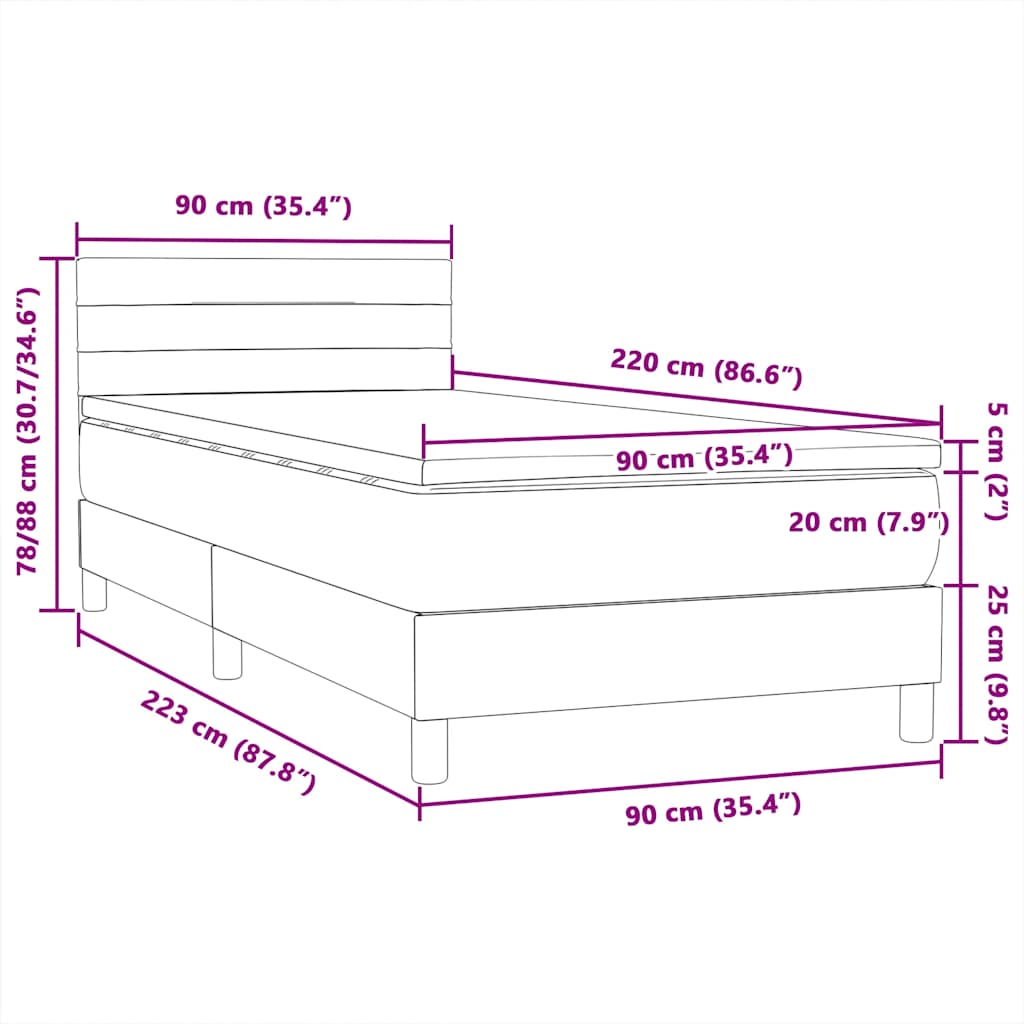 Box spring postel s matrací a LED tmavě šedá 90x220 cm samet - obrázek 16