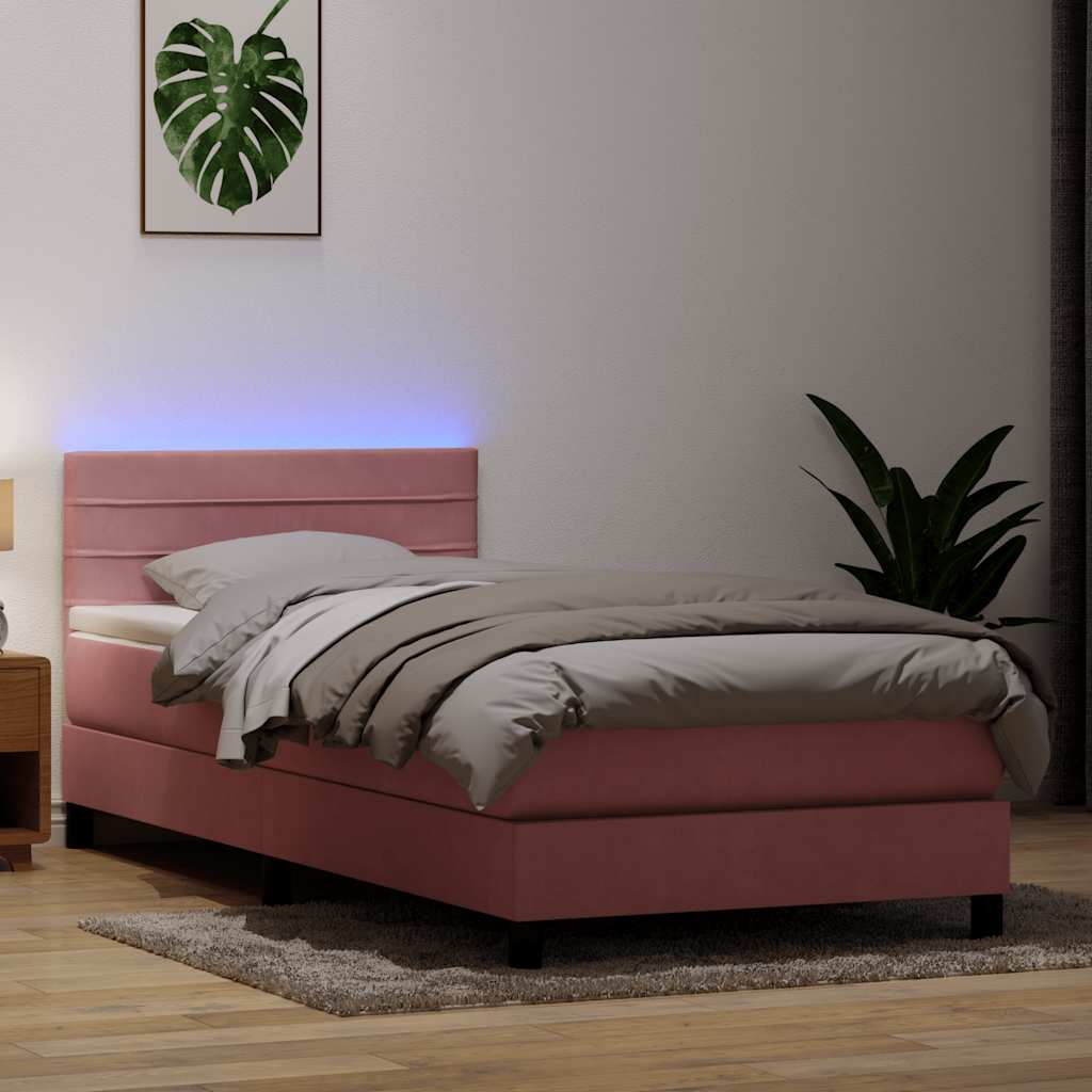 vidaXL Pat cu arcuri cu saltea și LED, roz, 90x220 cm, catifea