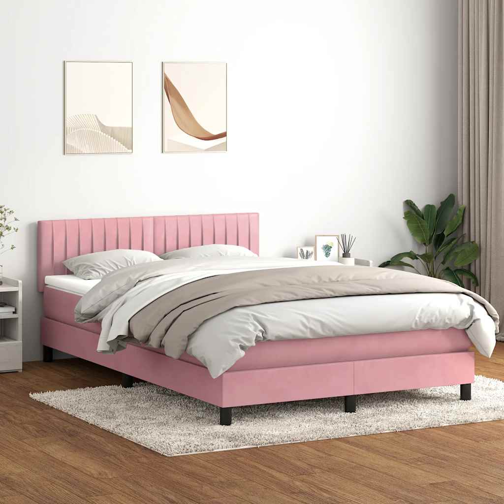 vidaXL Pat cu arcuri cu saltea și LED, roz, 140x210 cm, catifea