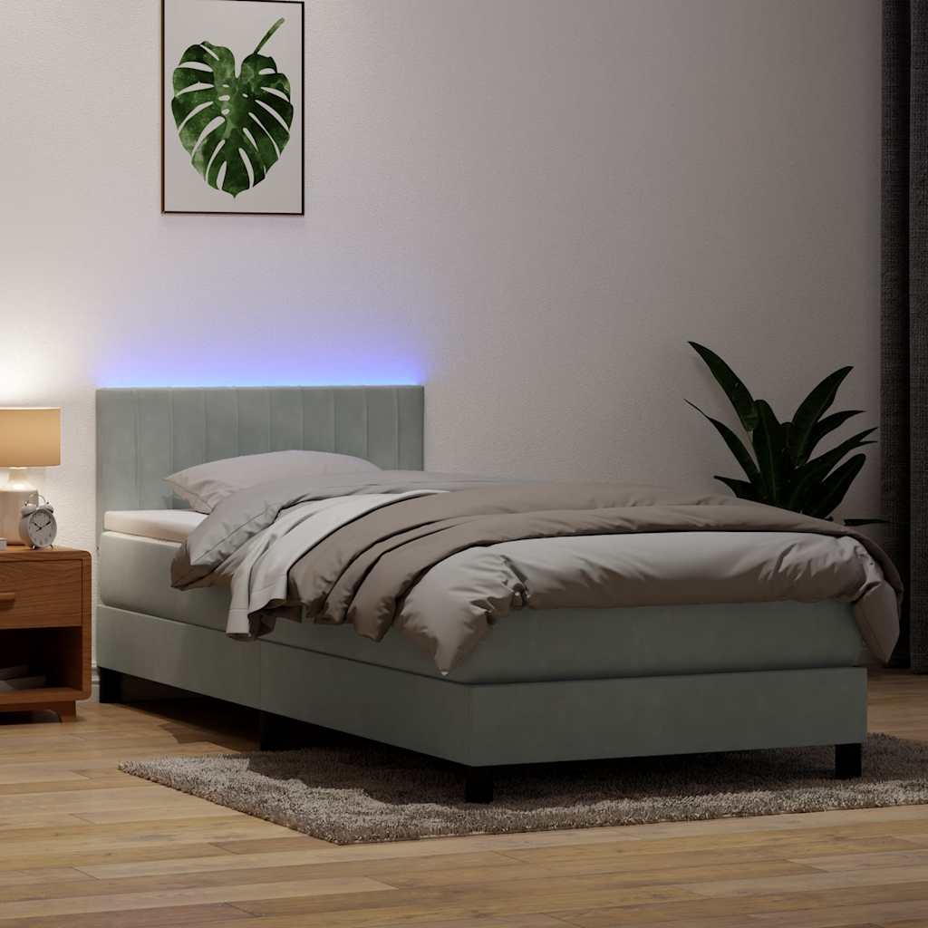 vidaXL Pat cu arcuri cu saltea și LED, gri deschis, 90x220 cm, catifea