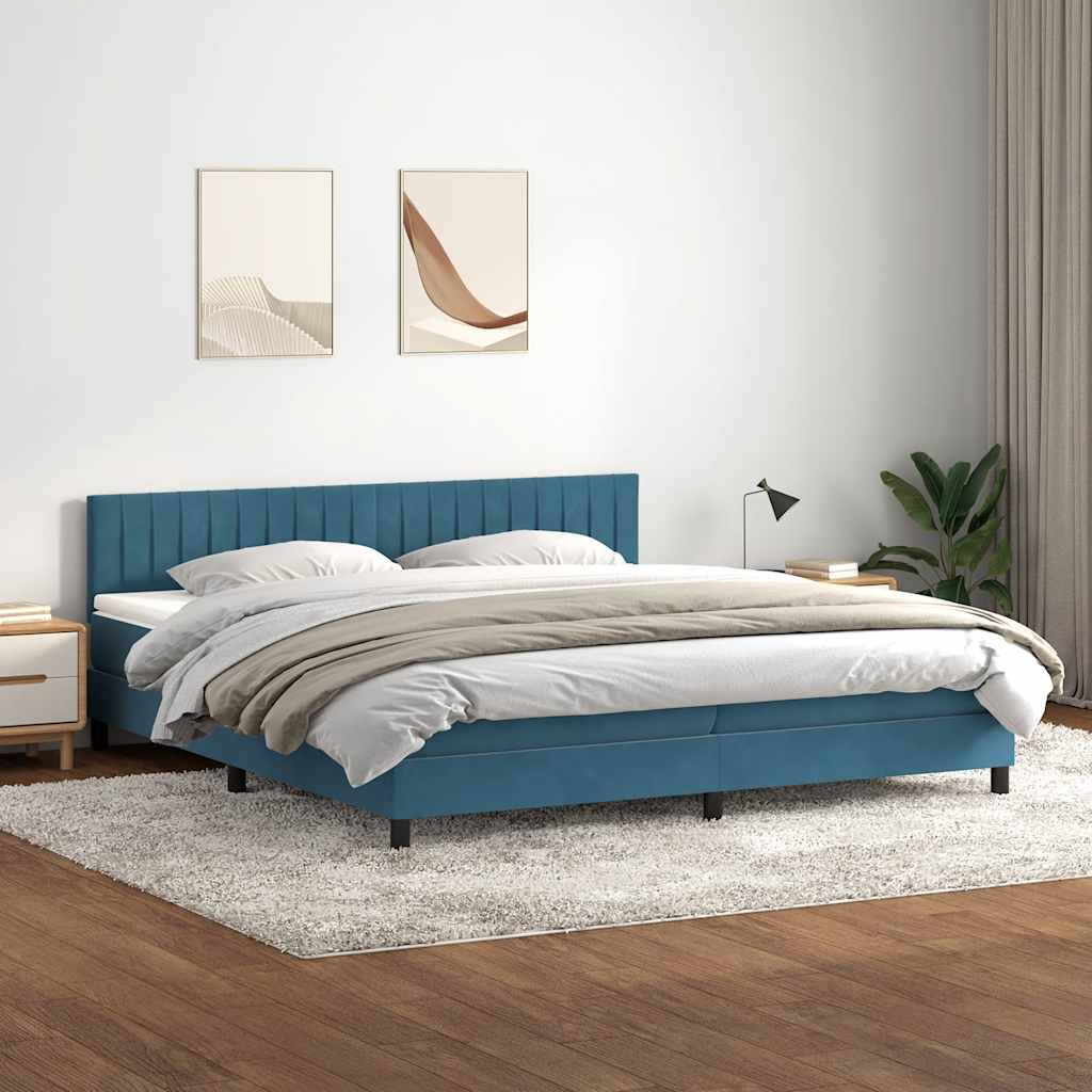 vidaXL Pat box spring cu saltea, albastru închis, 180x220 cm, catifea