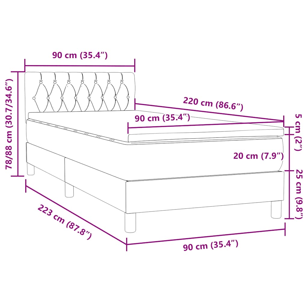Box spring postel s matrací a LED tmavě šedá 90x220 cm samet - obrázek 16