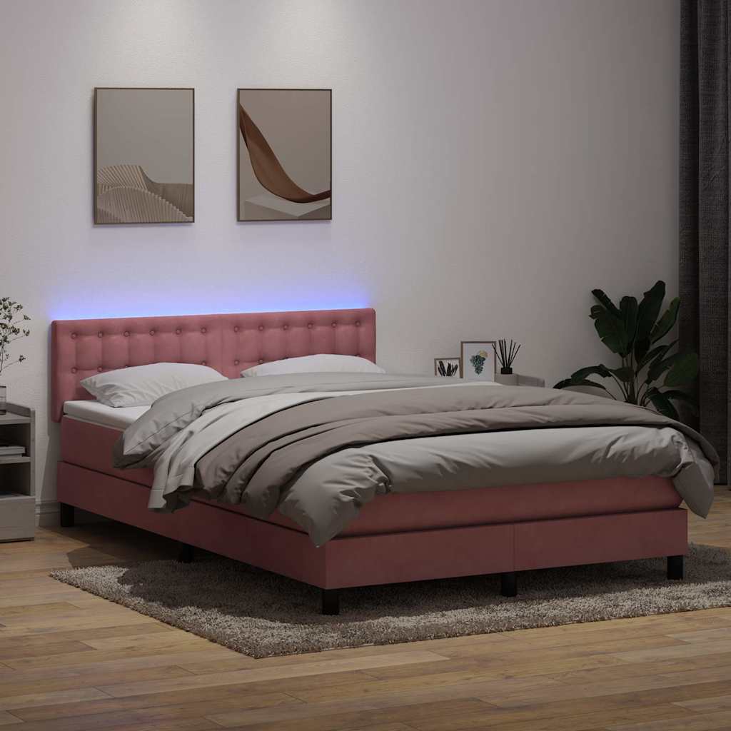 vidaXL Pat cu arcuri cu saltea și LED, roz, 140x210 cm, catifea