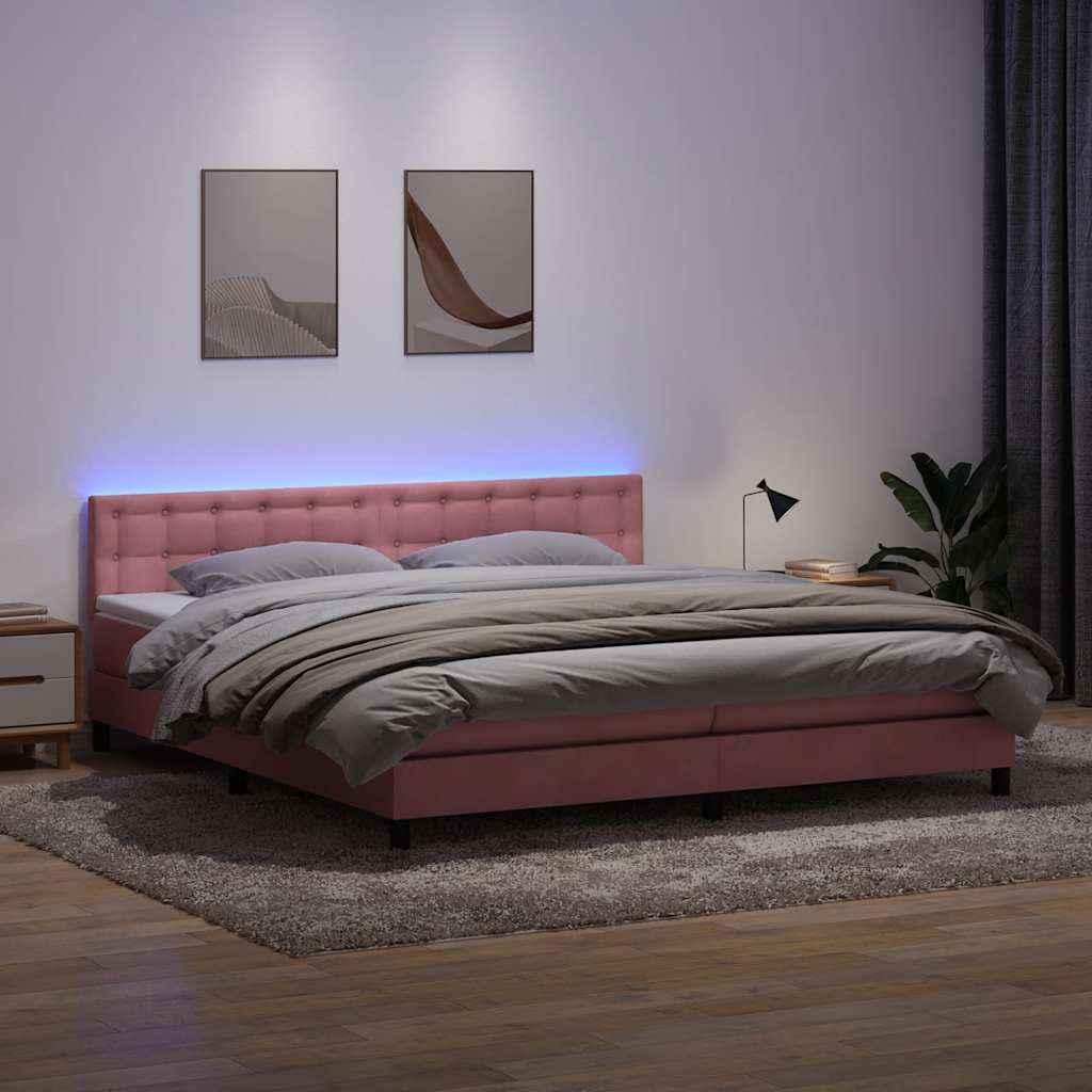 vidaXL Pat cu arcuri cu saltea și LED, roz, 180x210 cm, catifea
